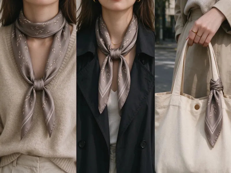 Women over 40 styling a small 65cm mulberry silk scarf with autumn outfit