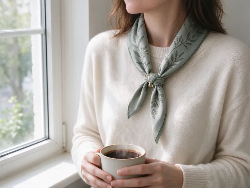 Natural UPF 50 mulberry silk scarf protecting neck skin from wrinkles and sun damage