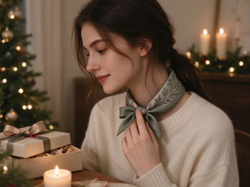 Luxury hand-rolled mulberry silk scarf holiday gift set in rigid box with gold ribbon