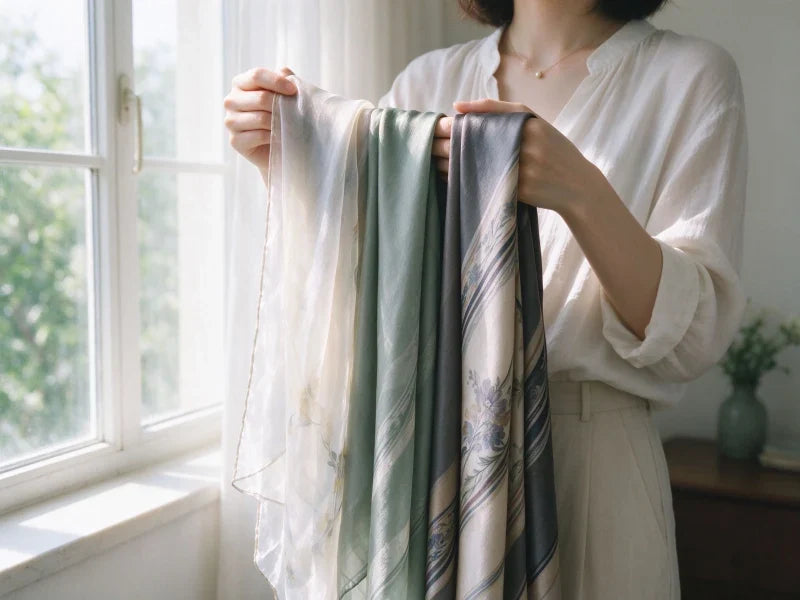 Silk momme weight guide comparing 12 momme, 16 momme, and 19 momme silk scarf thickness and drape