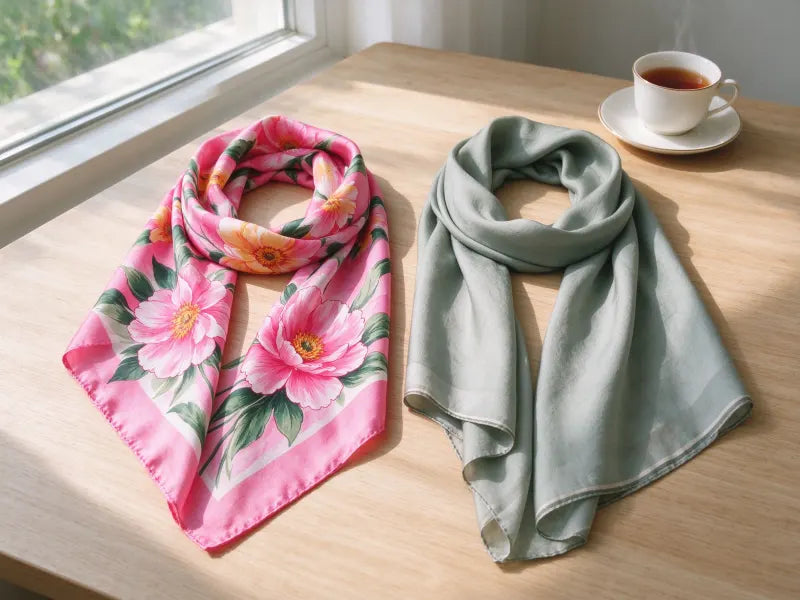 Subtle low-saturation silk scarf patterns flattering mature women over 50 without loud prints
