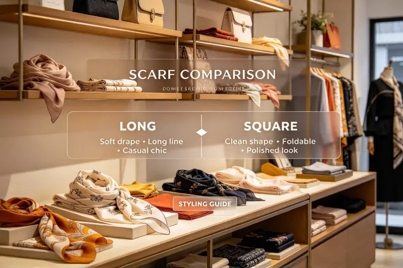 Side-by-side comparison of square and long mulberry silk scarf styles