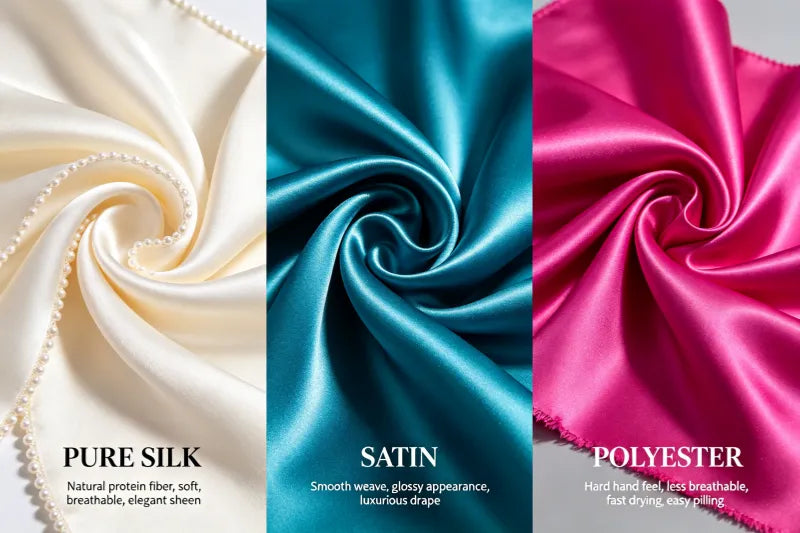 Fabric comparison between natural mulberry silk, synthetic satin, and polyester scarf