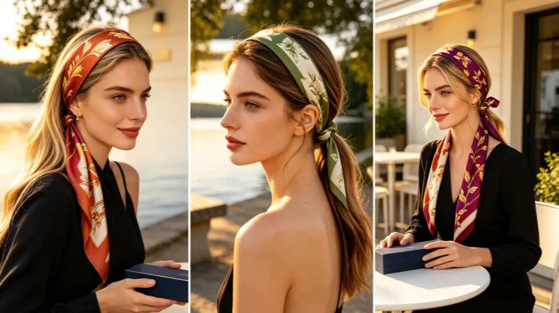 Woman wearing a mulberry silk scarf as an elegant chic hair accessory