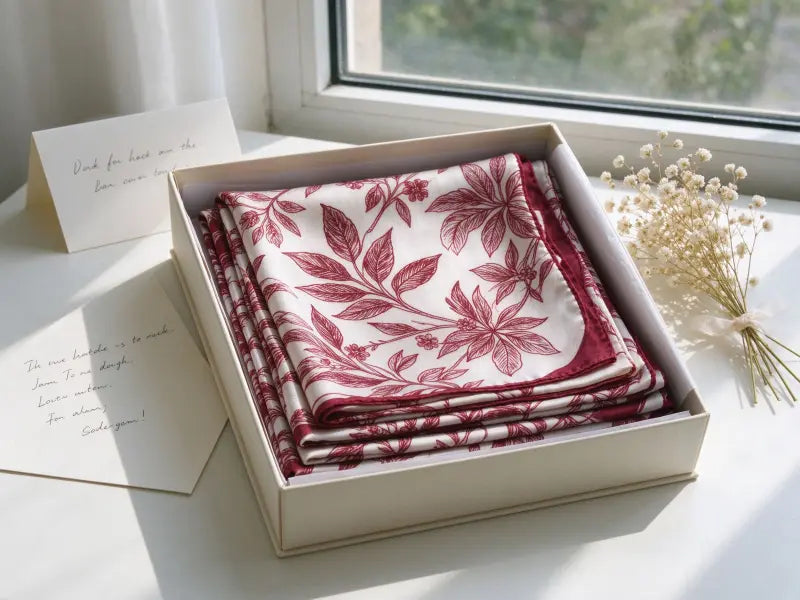 Luxury hand-rolled mulberry silk scarf gift for mom in signature ribbon keepsake gift box