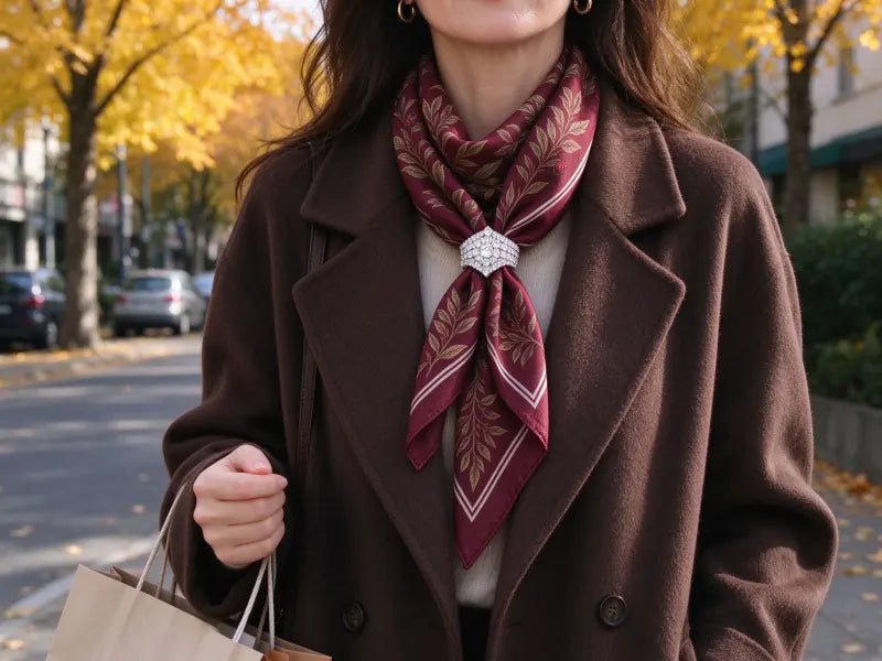 Effortless autumn trench coat layering with an artisan mulberry silk square scarf