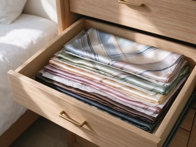 Proper silk scarf drawer storage with acid-free tissue paper to prevent tears snags and wrinkles