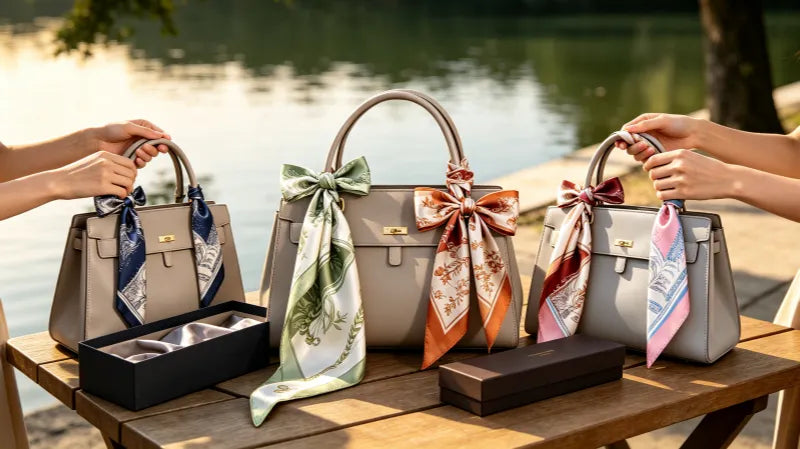 Step-by-step tutorial on wrapping a luxury mulberry silk scarf on a handbag handle