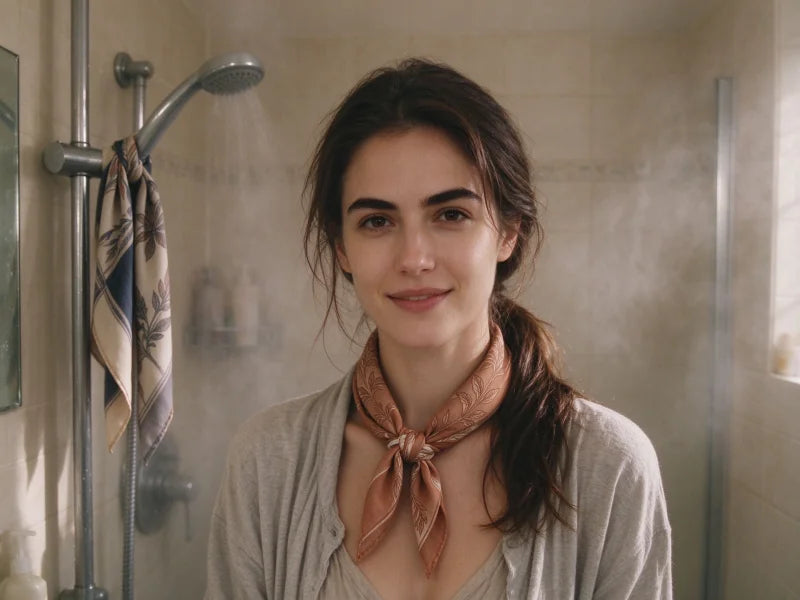 Safe zero heat bathroom shower steam method to remove wrinkles from mulberry silk scarf