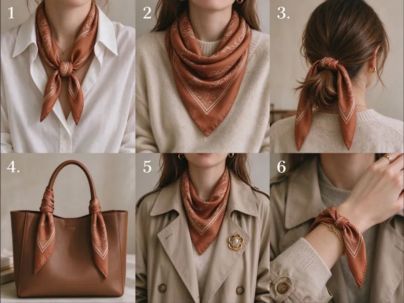 Step by step tutorial tying a small 65cm silk square scarf for daily wear
