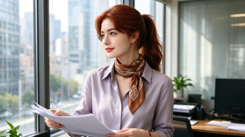 Professional business work outfit styled with an elegant 100% mulberry silk scarf