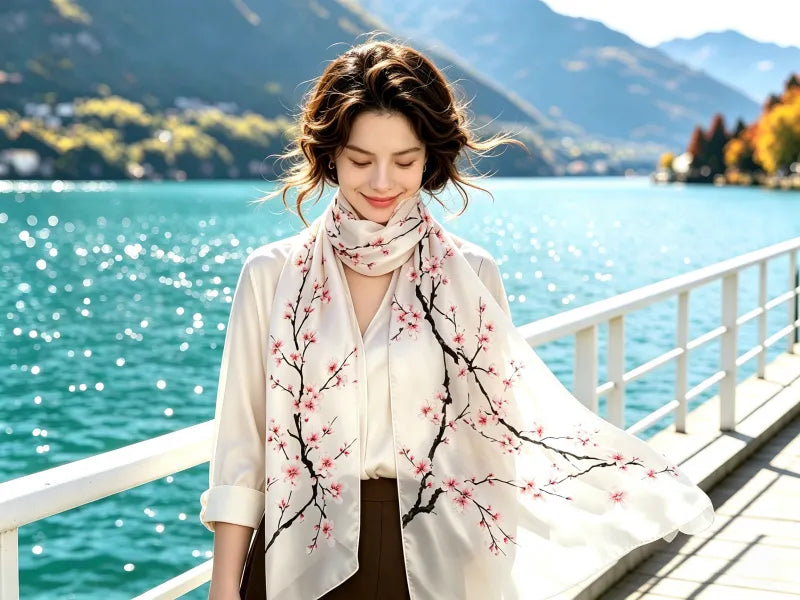Autumn Multi-Color Maple Leaf Beige Printed Silk Long Scarf \| SERISILK