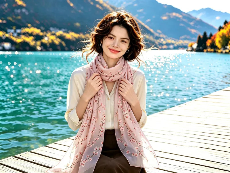 Blush Pink Sheer Tiny Plum Blossom Printed Silk Long Scarf \| SERISILK