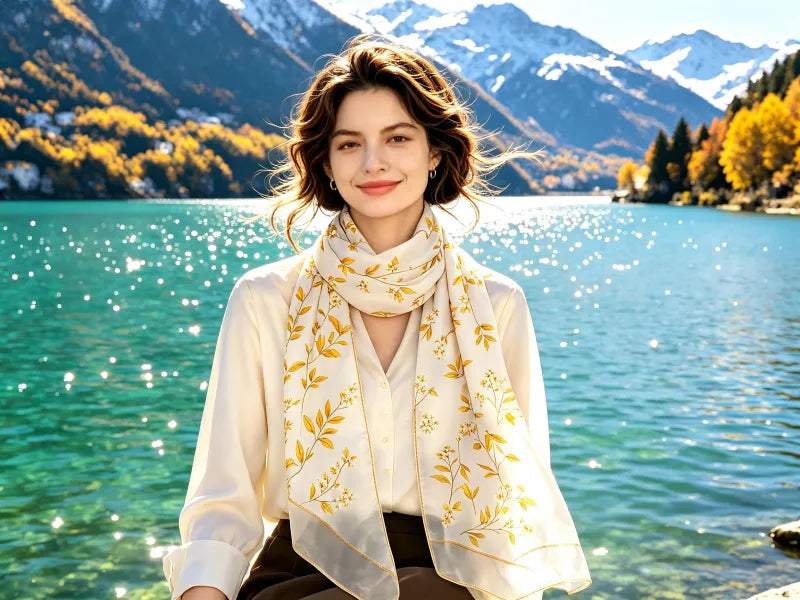 Caramel Orange Maple Leaf Floral Printed Silk Long Scarf \| SERISILK