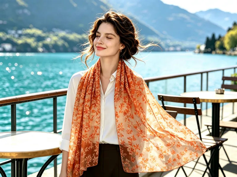 Cream Golden Osmanthus Leaf Printed Silk Long Scarf – Summer Shawl \| SERISILK