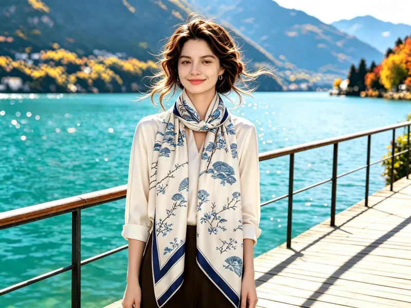 Dusty Blue White Magnolia Printed Mulberry Silk Long Scarf \| SERISILK