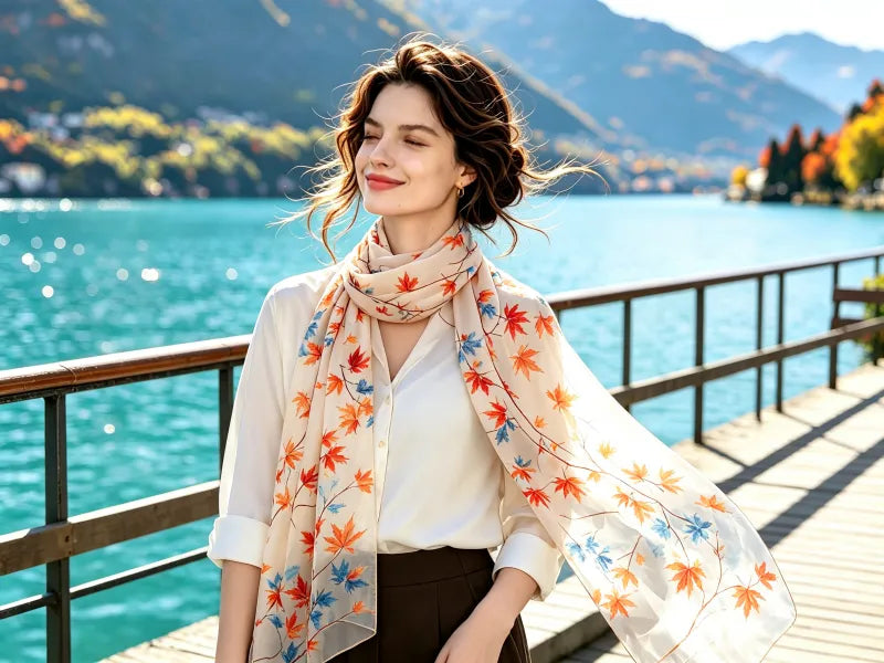 Ivory Ink Wash Plum Blossom Printed Mulberry Silk Long Scarf \| SERISILK
