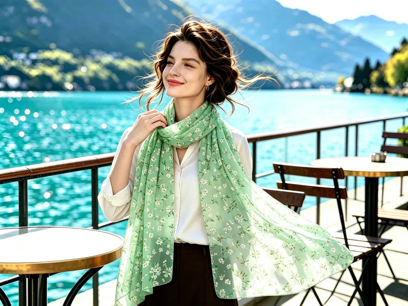 Mint Green Daisy Floral Sheer Printed Mulberry Silk Scarf \| SERISILK