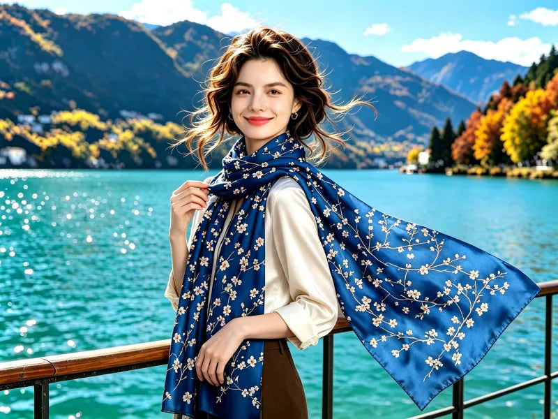Royal Blue White Blossom Satin Printed Silk Long Scarf \| SERISILK